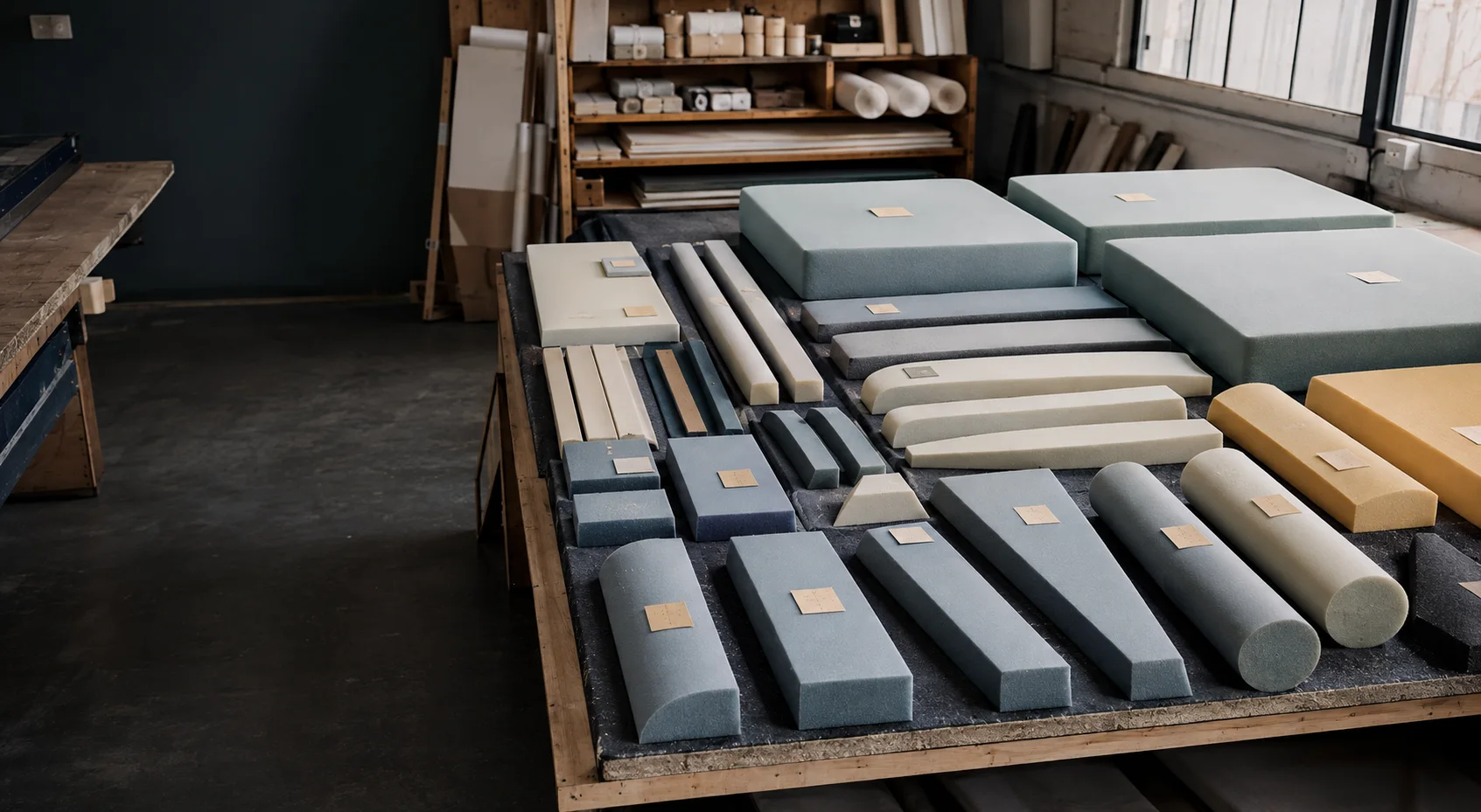 Piezas de espuma organizadas sobre una mesa de producción