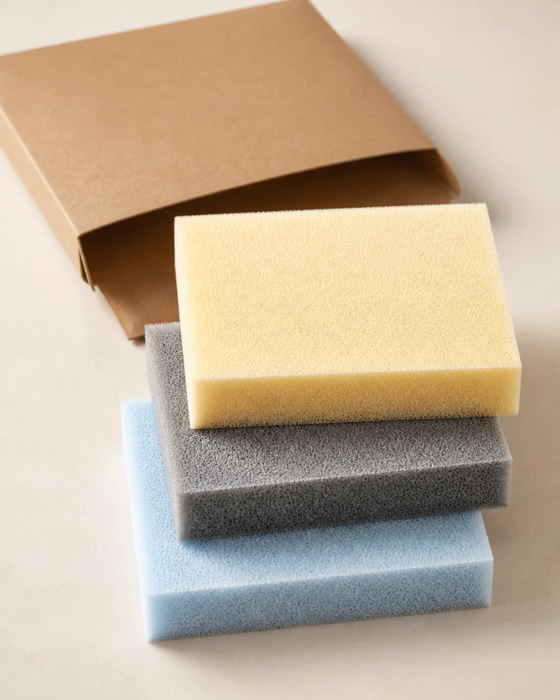 Pack con tres muestras de espuma en colores celeste, gris y amarillo