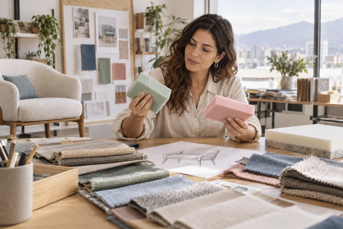 Diseñadora comparando muestras de espuma y telas para un mueble