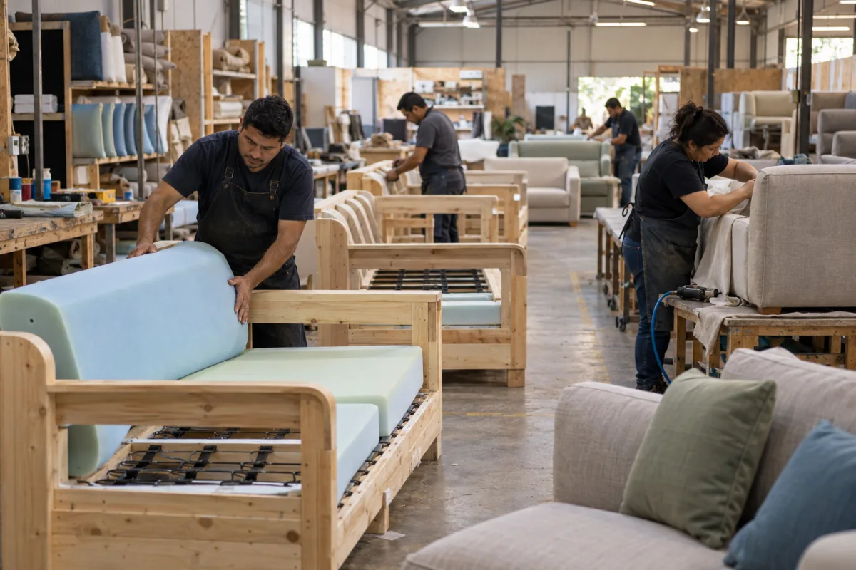 Fábrica de sillones con trabajadores instalando espuma en estructuras de madera