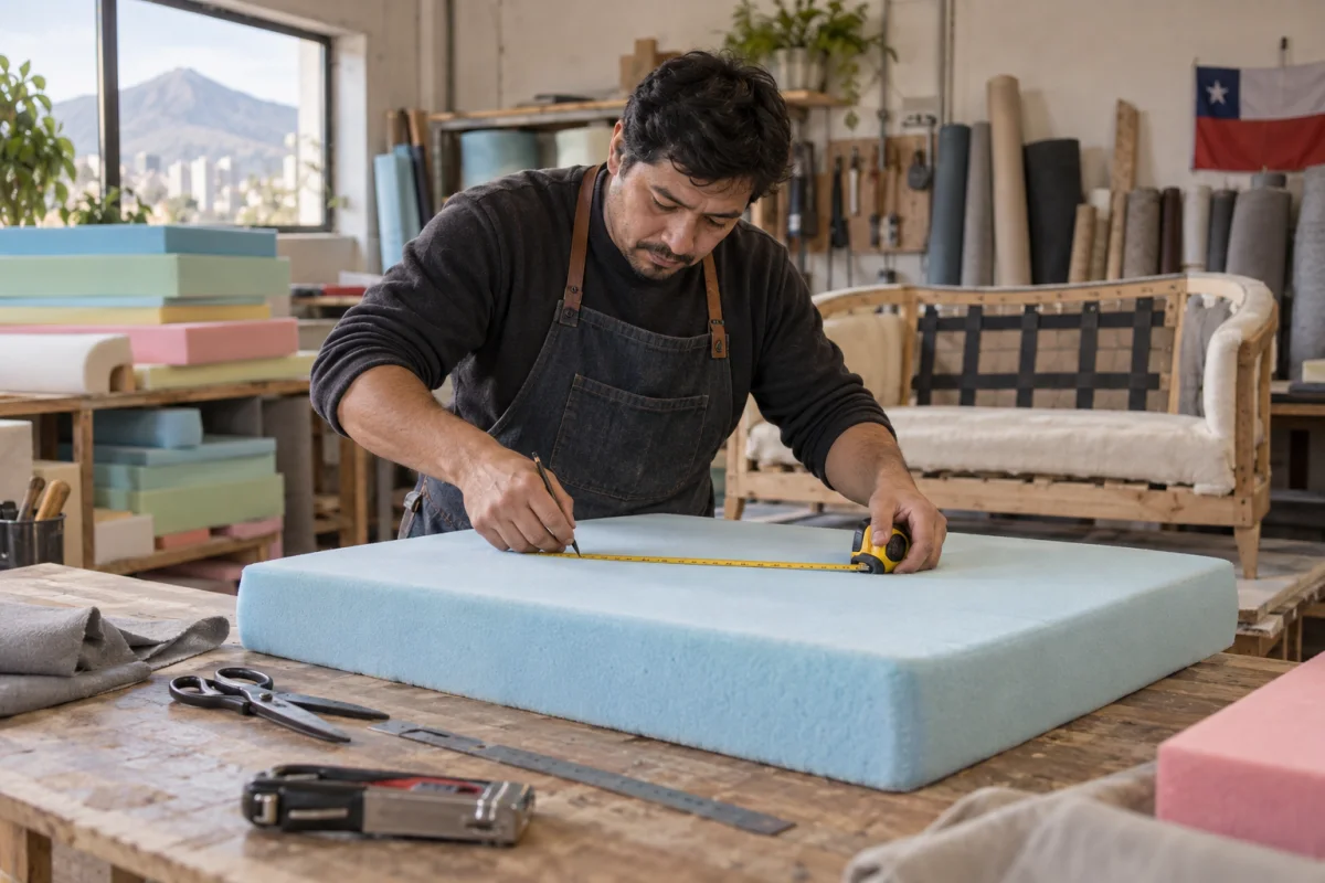 Tapicero midiendo una pieza de espuma para un asiento