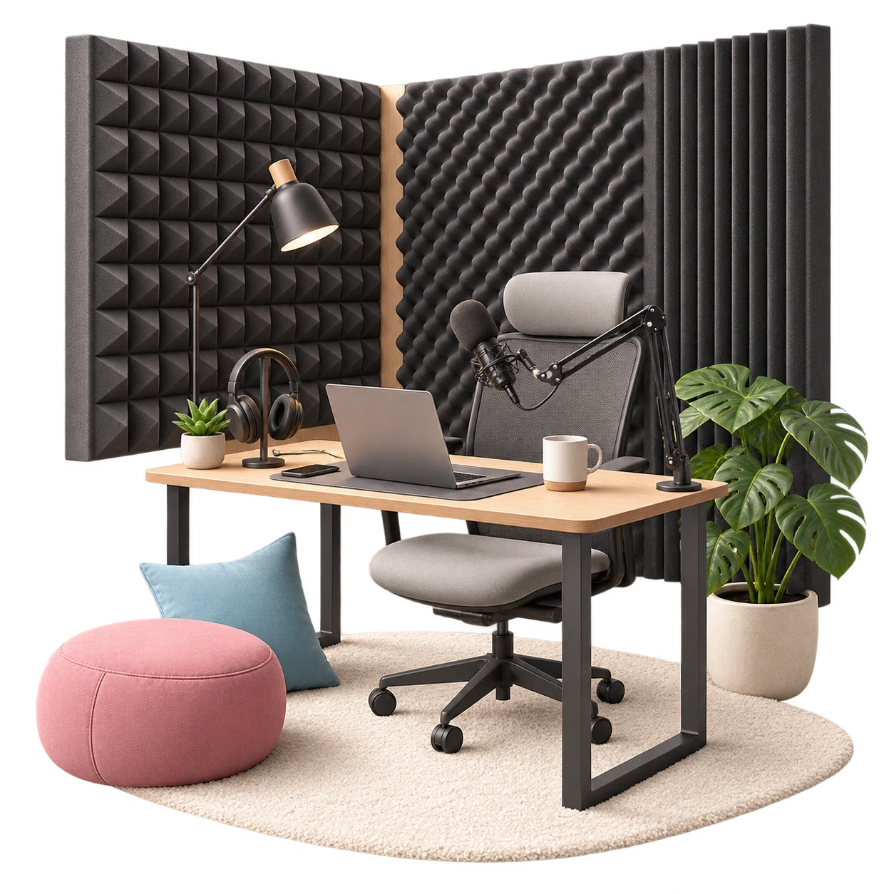 Espacio de trabajo con paneles de espuma acústica