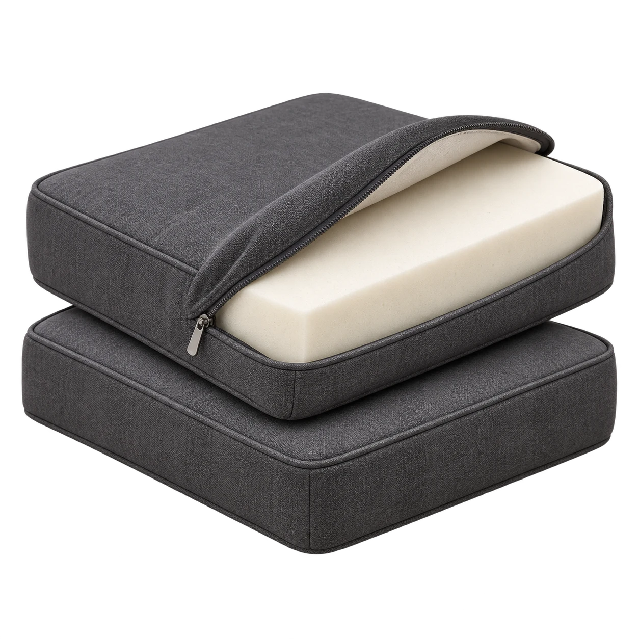 Cojines con funda abierta y espuma interior visible