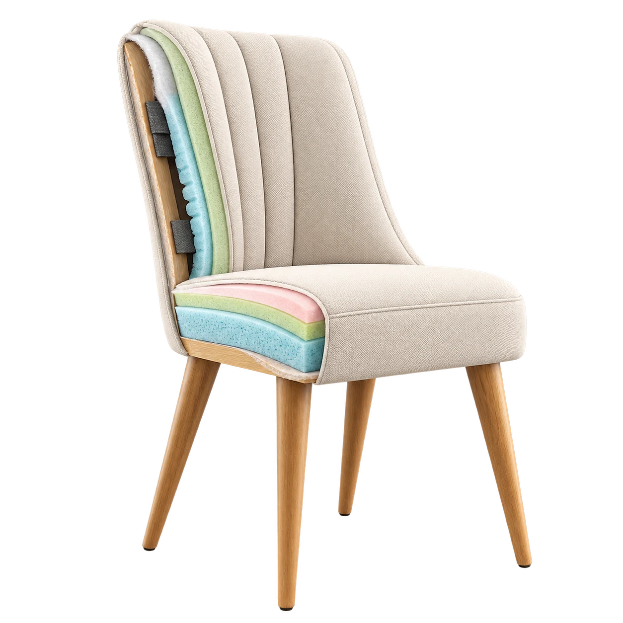 Silla tapizada con sus capas de tela y espuma visibles